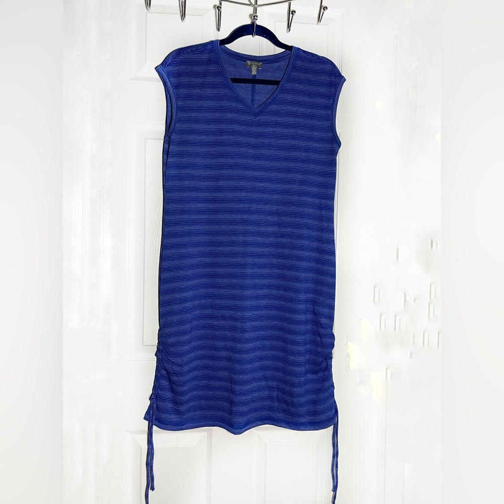 Talbots Blue Striped Cap Sleeve, V Neck Midi Dress Sz MP